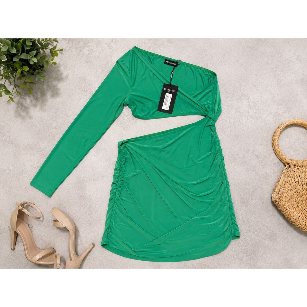 PrettyLittleThing Green One Shoulder Cutout Ruched Bodycon Mini Dress 12 NWT